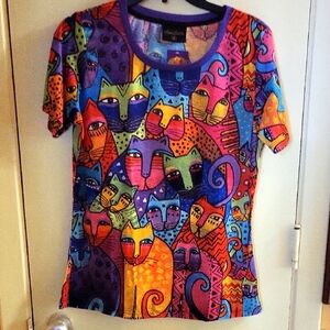 Colorful Laurel Burch Cat Print T-Shirt